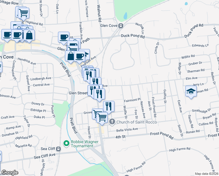 map of restaurants, bars, coffee shops, grocery stores, and more near 30 Elm Avenue in Glen Cove