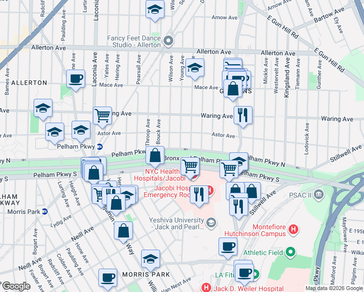 map of restaurants, bars, coffee shops, grocery stores, and more near 1325 Pelham Parkway North in Bronx
