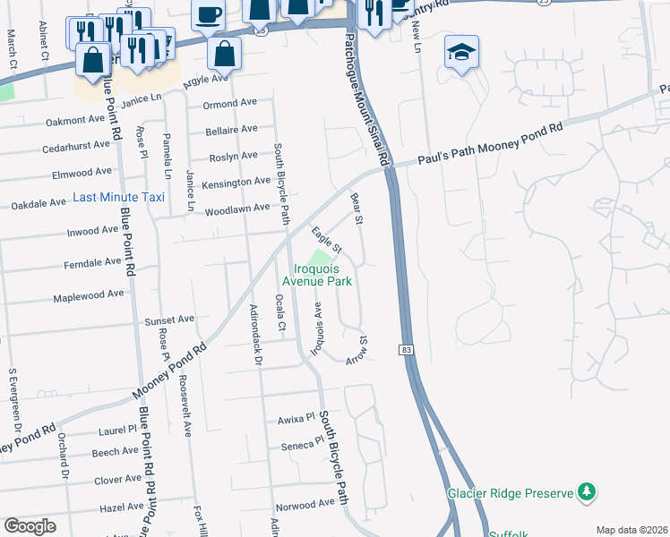 map of restaurants, bars, coffee shops, grocery stores, and more near 4 Arrow Street in Selden