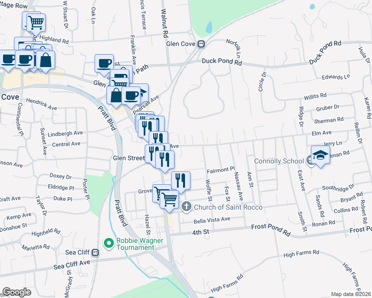 map of restaurants, bars, coffee shops, grocery stores, and more near 30 Elm Avenue in Glen Cove