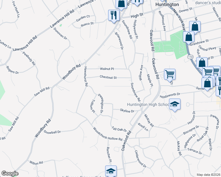 map of restaurants, bars, coffee shops, grocery stores, and more near 40 Cedar Drive in Huntington