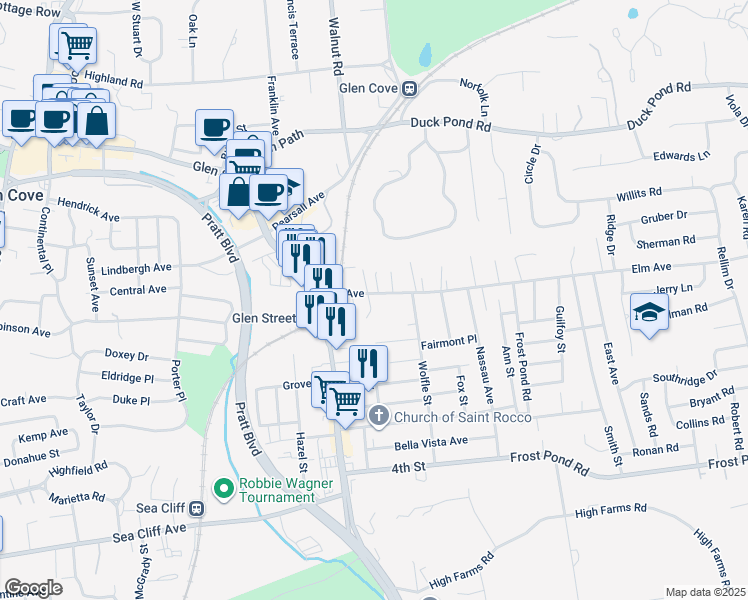 map of restaurants, bars, coffee shops, grocery stores, and more near 30 Elm Avenue in Glen Cove