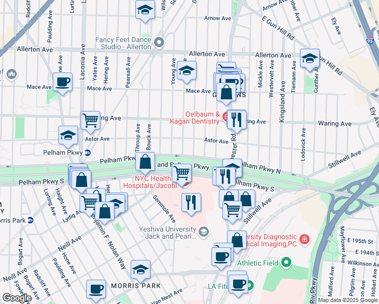 map of restaurants, bars, coffee shops, grocery stores, and more near 1400 Pelham Parkway North in Bronx