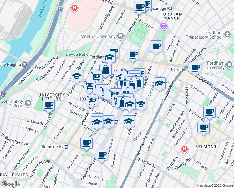 map of restaurants, bars, coffee shops, grocery stores, and more near 2316 Creston Avenue in Bronx