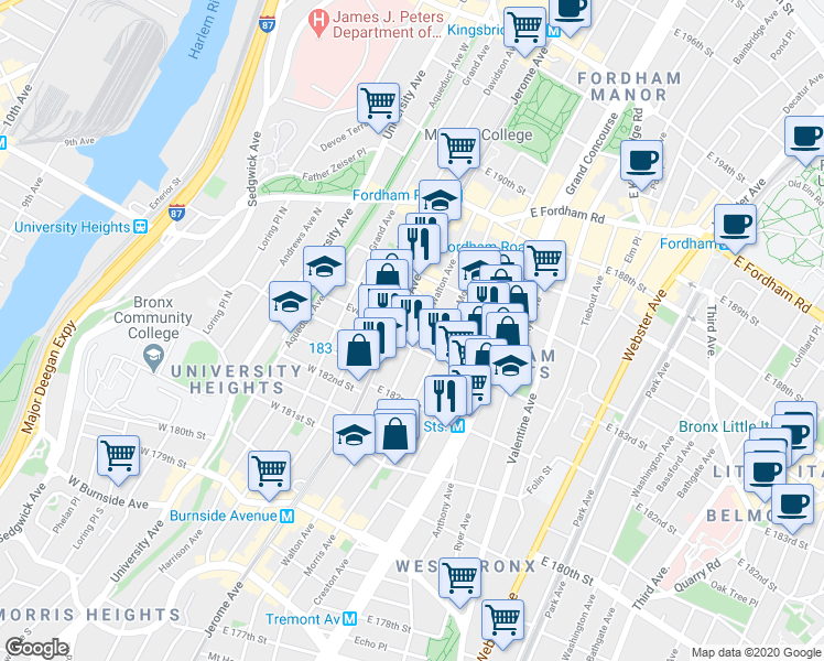 map of restaurants, bars, coffee shops, grocery stores, and more near in The Bronx