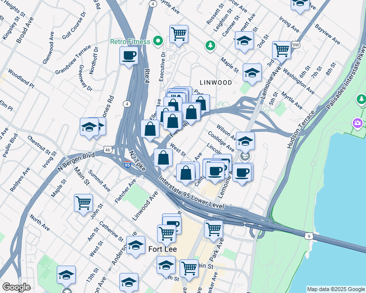 map of restaurants, bars, coffee shops, grocery stores, and more near 2160 South Street in Fort Lee
