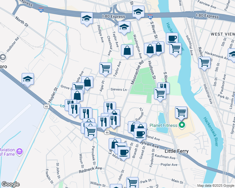 map of restaurants, bars, coffee shops, grocery stores, and more near 453 Liberty Street in Little Ferry