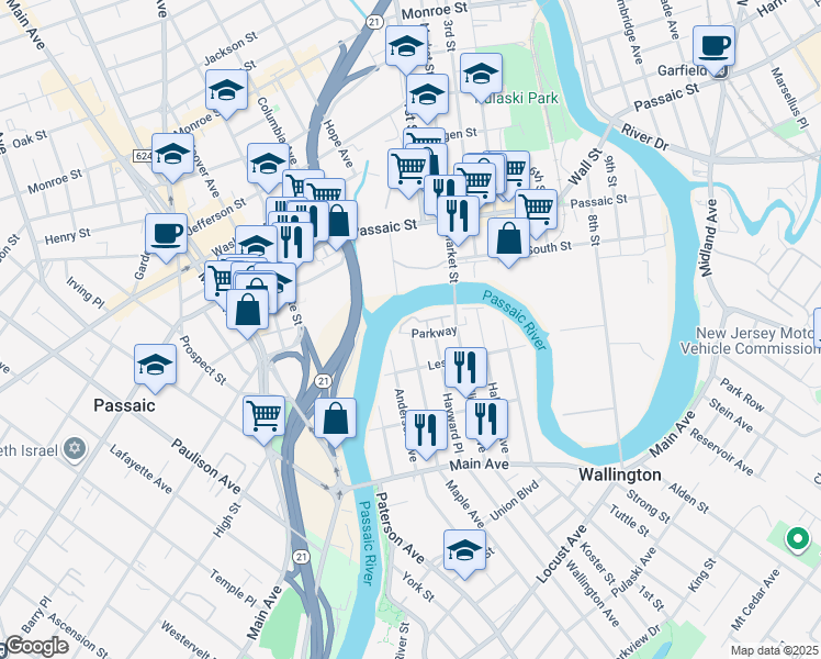 map of restaurants, bars, coffee shops, grocery stores, and more near 12 Maple Avenue in Wallington