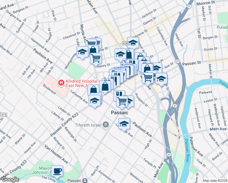 map of restaurants, bars, coffee shops, grocery stores, and more near 251 Gregory Avenue in Passaic