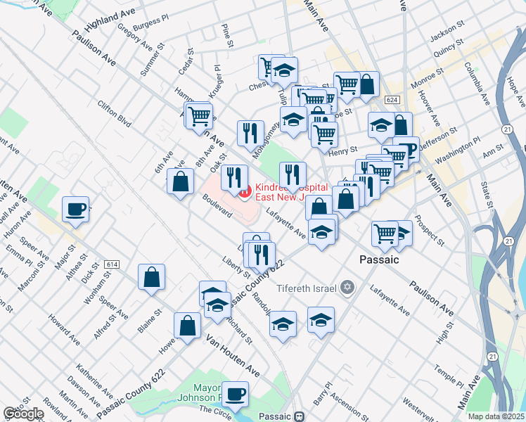 map of restaurants, bars, coffee shops, grocery stores, and more near 15 Crescent Place in Passaic