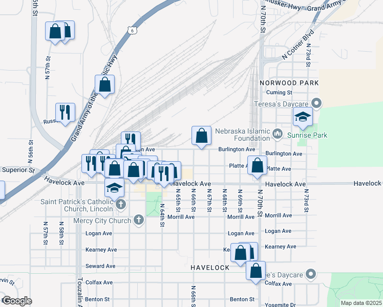 map of restaurants, bars, coffee shops, grocery stores, and more near 4500 North 66th Street in Lincoln