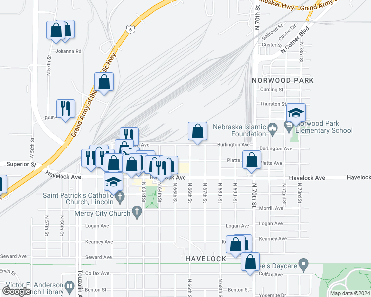map of restaurants, bars, coffee shops, grocery stores, and more near 6500 Platte Avenue in Lincoln