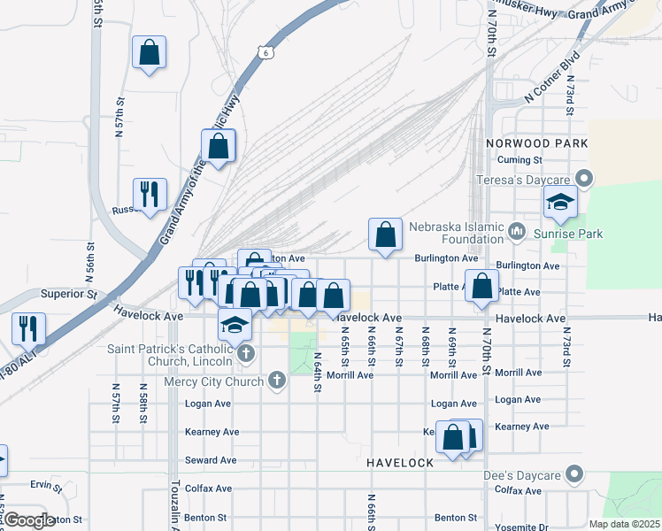 map of restaurants, bars, coffee shops, grocery stores, and more near 6400 Platte Avenue in Lincoln