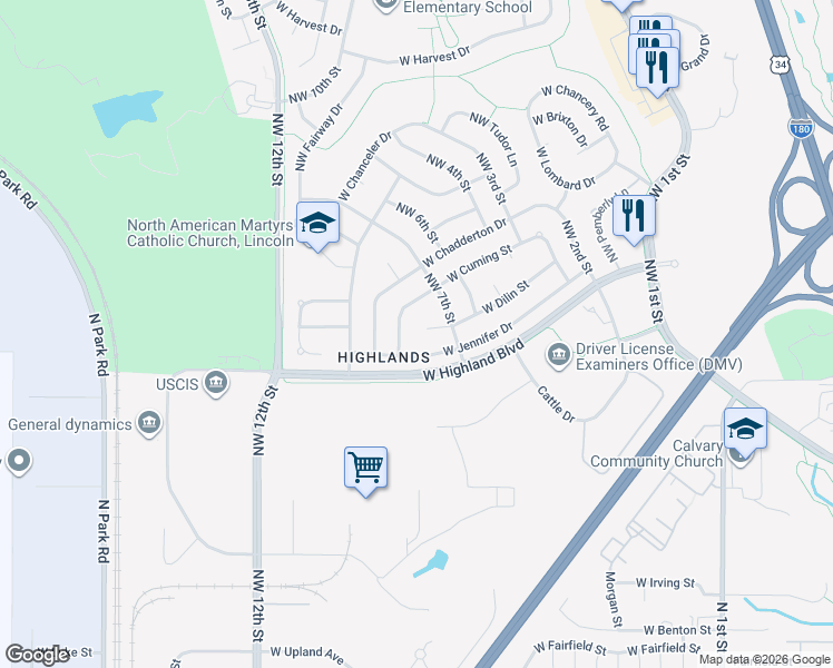 map of restaurants, bars, coffee shops, grocery stores, and more near 730 West Jennifer Drive in Lincoln