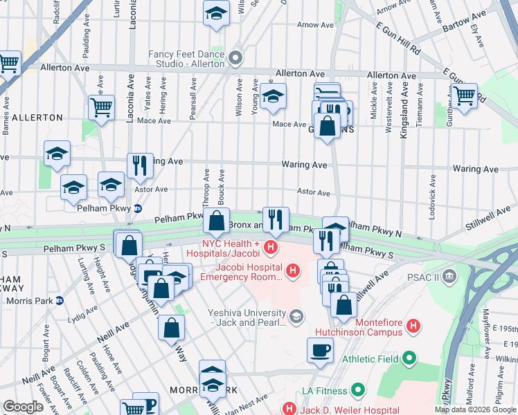 map of restaurants, bars, coffee shops, grocery stores, and more near 1325 Pelham Parkway North in Bronx