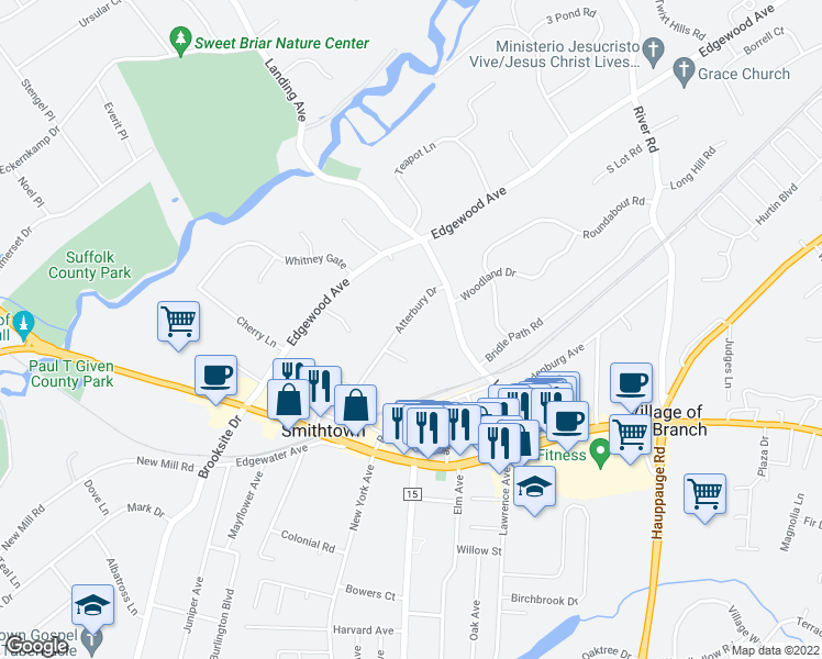 map of restaurants, bars, coffee shops, grocery stores, and more near 44 Atterbury Drive in Smithtown