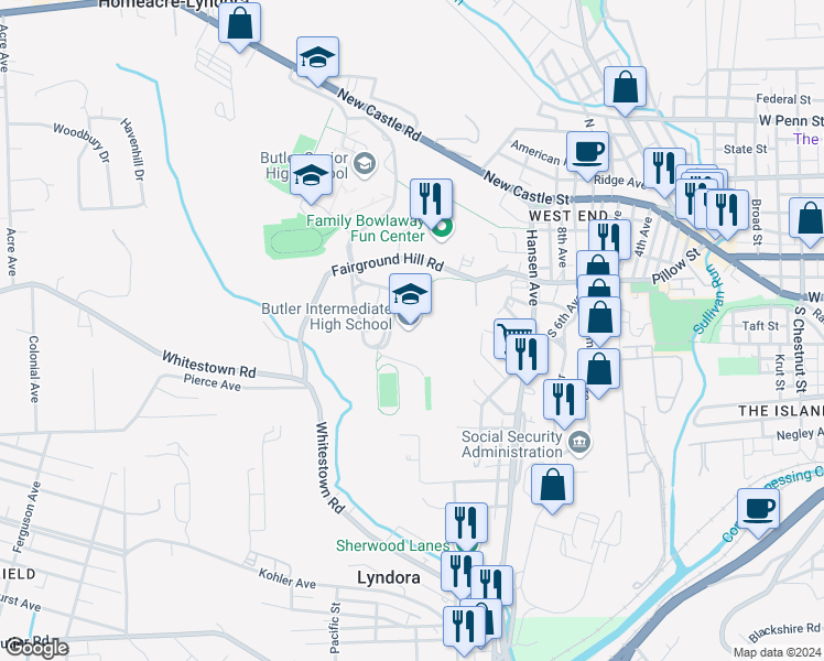 map of restaurants, bars, coffee shops, grocery stores, and more near 551 Fairground Hill Road in Butler