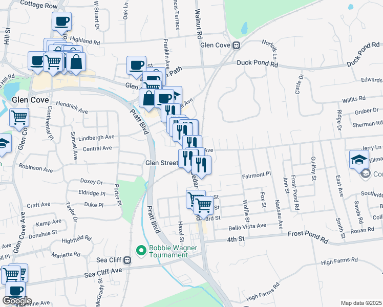 map of restaurants, bars, coffee shops, grocery stores, and more near 1 Cedar Swamp Road in Glen Cove