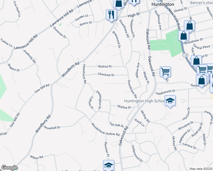 map of restaurants, bars, coffee shops, grocery stores, and more near 40 Cedar Drive in Huntington