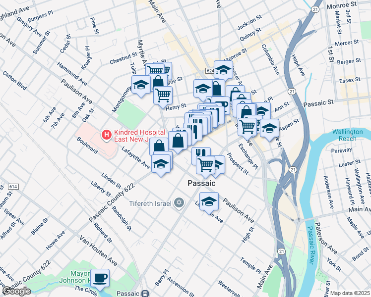 map of restaurants, bars, coffee shops, grocery stores, and more near 269 Gregory Avenue in Passaic