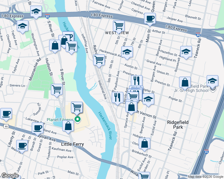 map of restaurants, bars, coffee shops, grocery stores, and more near 24 Paulison Avenue in Ridgefield Park