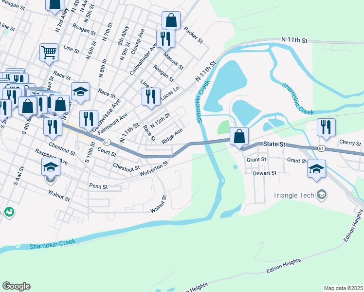 map of restaurants, bars, coffee shops, grocery stores, and more near 1316 Market Street in Sunbury