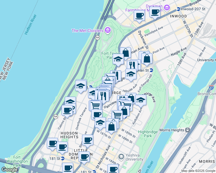 map of restaurants, bars, coffee shops, grocery stores, and more near 4523 Broadway in New York