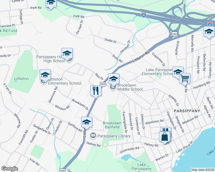map of restaurants, bars, coffee shops, grocery stores, and more near 280 Beachwood Road in Parsippany-Troy Hills
