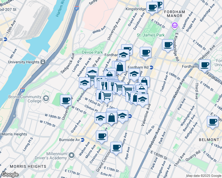 map of restaurants, bars, coffee shops, grocery stores, and more near Jerome Ave & Evelyn Pl in Bronx