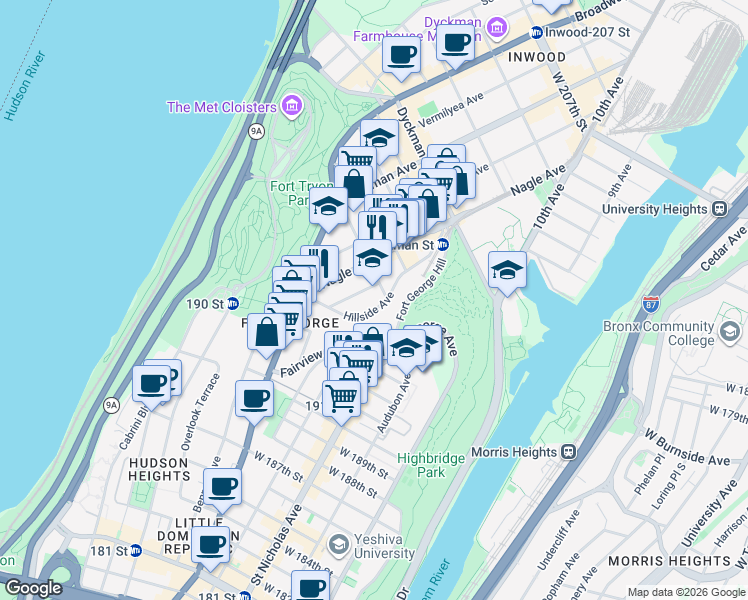 map of restaurants, bars, coffee shops, grocery stores, and more near 2 Ellwood Street in New York