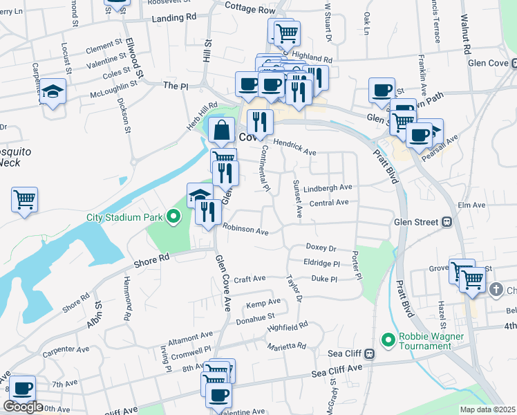 map of restaurants, bars, coffee shops, grocery stores, and more near 21 Crow Lane in Glen Cove