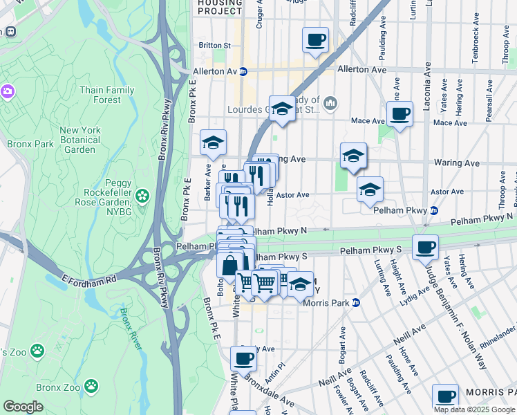 map of restaurants, bars, coffee shops, grocery stores, and more near 2215 Holland Avenue in The Bronx