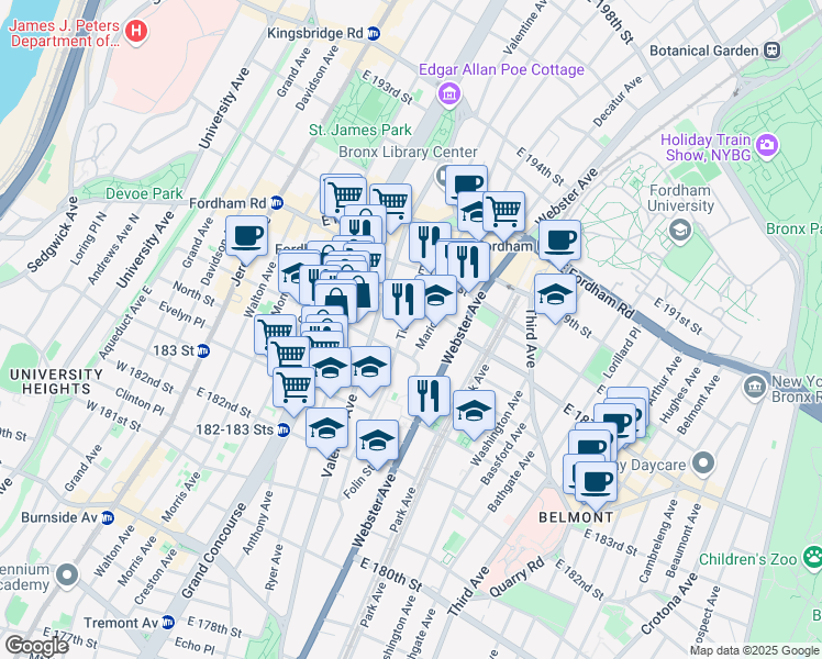 map of restaurants, bars, coffee shops, grocery stores, and more near 333 East 184th Street in The Bronx