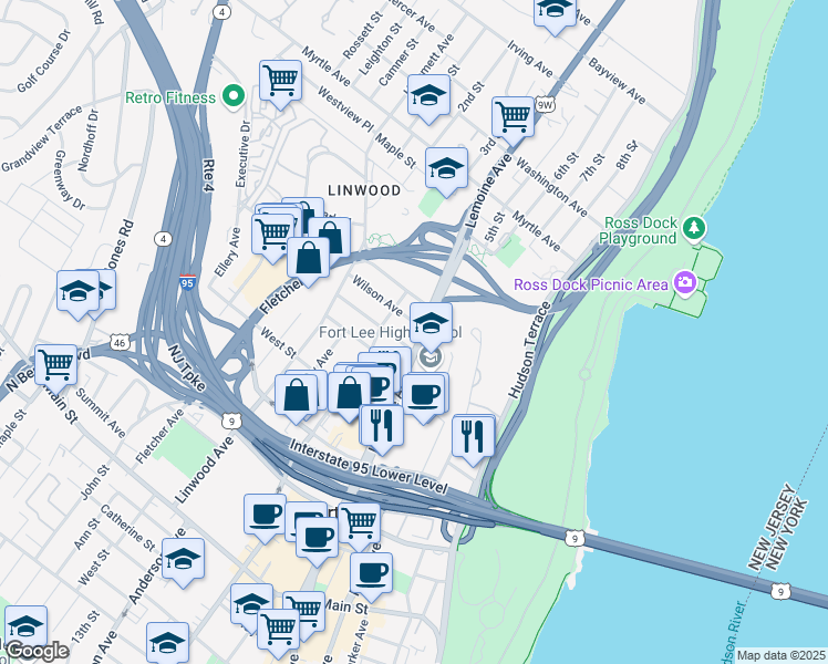 map of restaurants, bars, coffee shops, grocery stores, and more near 3000 Lemoine Avenue in Fort Lee