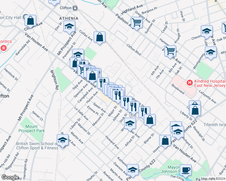 map of restaurants, bars, coffee shops, grocery stores, and more near 634 Van Houten Avenue in Clifton