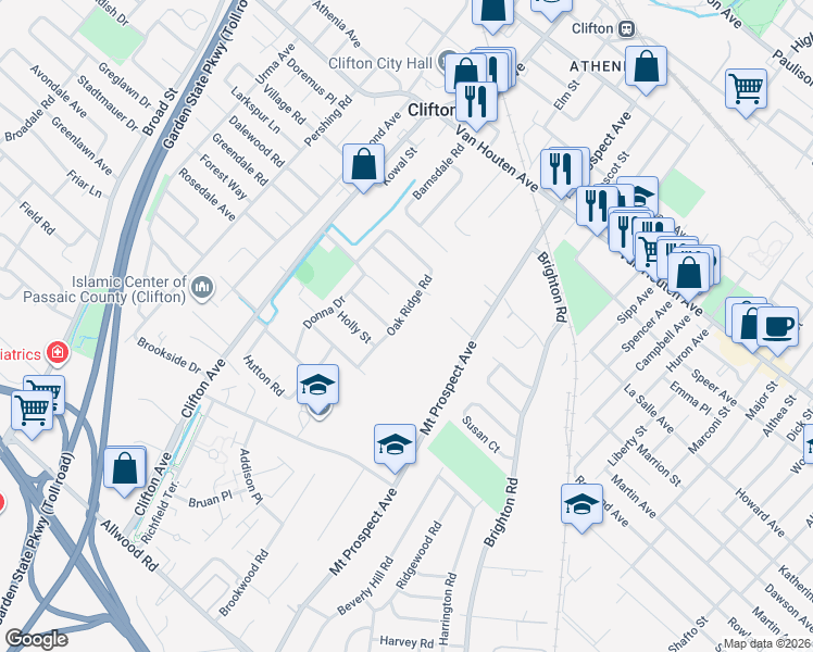 map of restaurants, bars, coffee shops, grocery stores, and more near 150 Oak Ridge Road in Clifton