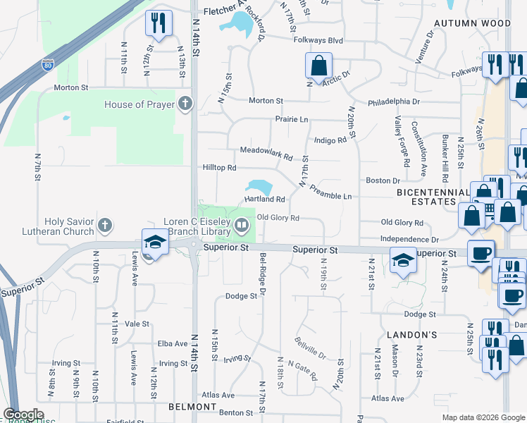 map of restaurants, bars, coffee shops, grocery stores, and more near 4731 Bel Ridge Drive in Lincoln