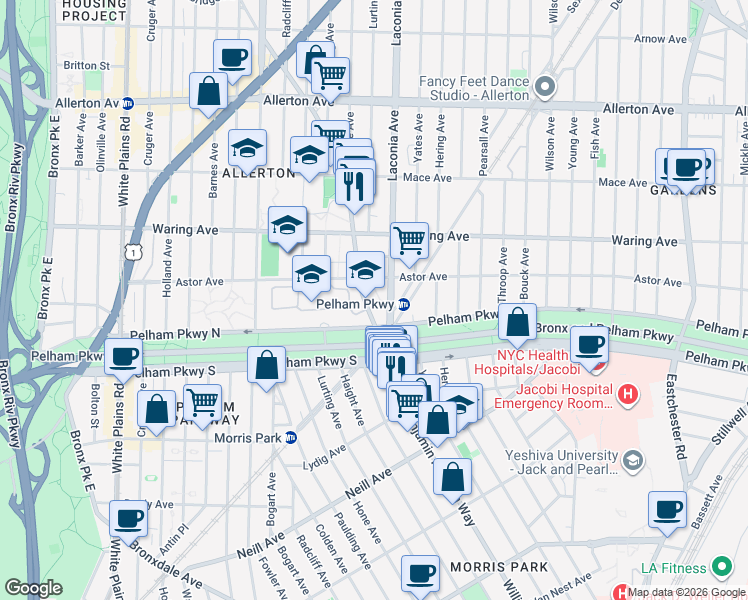 map of restaurants, bars, coffee shops, grocery stores, and more near 2250 Williamsbridge Road in Bronx