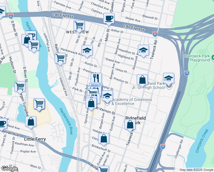 map of restaurants, bars, coffee shops, grocery stores, and more near 138 Bergen Avenue in Ridgefield Park
