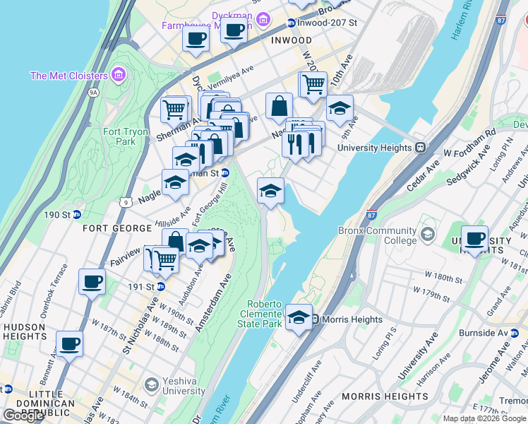 map of restaurants, bars, coffee shops, grocery stores, and more near 1672 Fort George Hill in New York