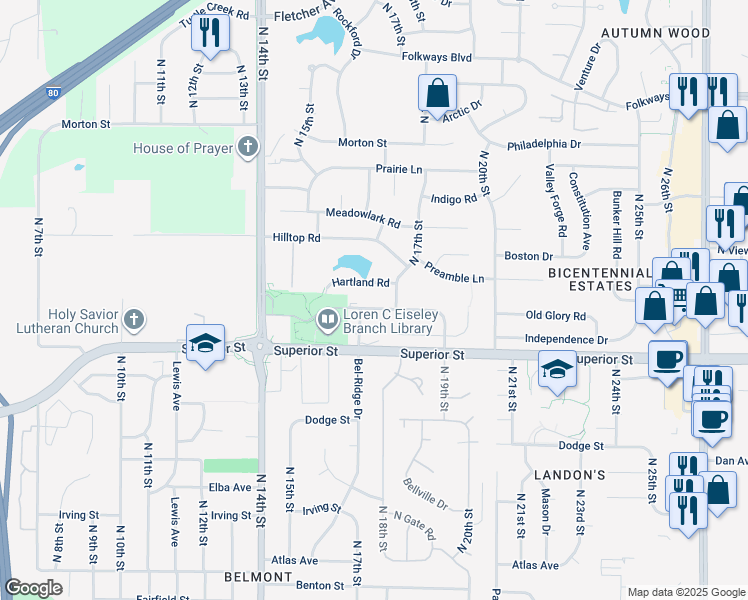 map of restaurants, bars, coffee shops, grocery stores, and more near 1626 Old Glory Road in Lincoln