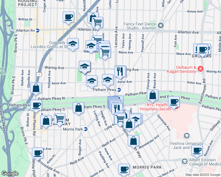 map of restaurants, bars, coffee shops, grocery stores, and more near 2250 Williamsbridge Road in Bronx