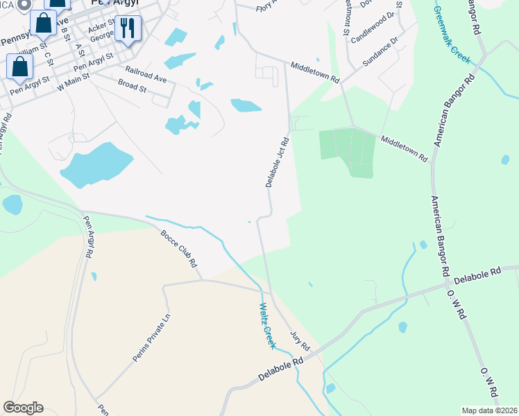 map of restaurants, bars, coffee shops, grocery stores, and more near 1091 Delabole Junction Road in Pen Argyl