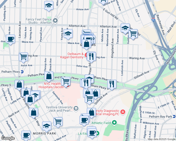 map of restaurants, bars, coffee shops, grocery stores, and more near 1473 Pelham Parkway North in Bronx