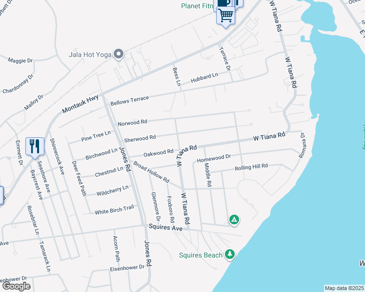 map of restaurants, bars, coffee shops, grocery stores, and more near 1 Oakwood Road in Hampton Bays