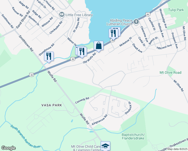 map of restaurants, bars, coffee shops, grocery stores, and more near Treetop Road in Mount Olive Township