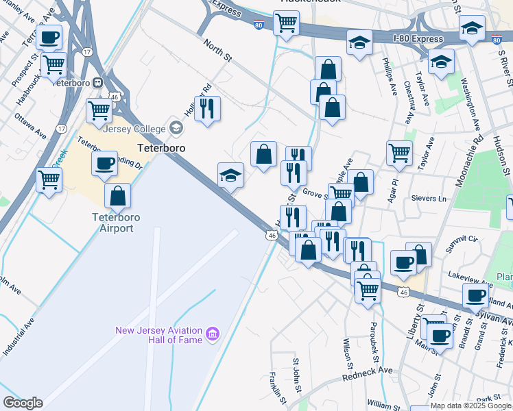 map of restaurants, bars, coffee shops, grocery stores, and more near 1000 Huyler Street in Teterboro