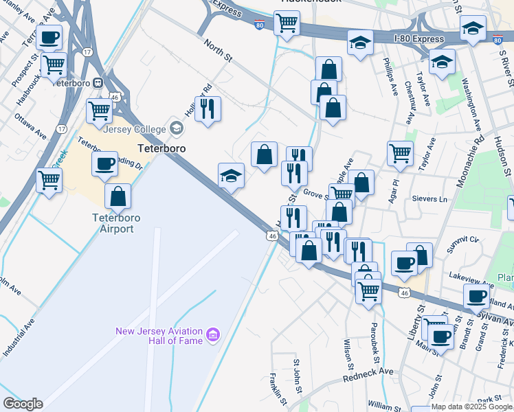 map of restaurants, bars, coffee shops, grocery stores, and more near 1000 Huyler Street in Teterboro