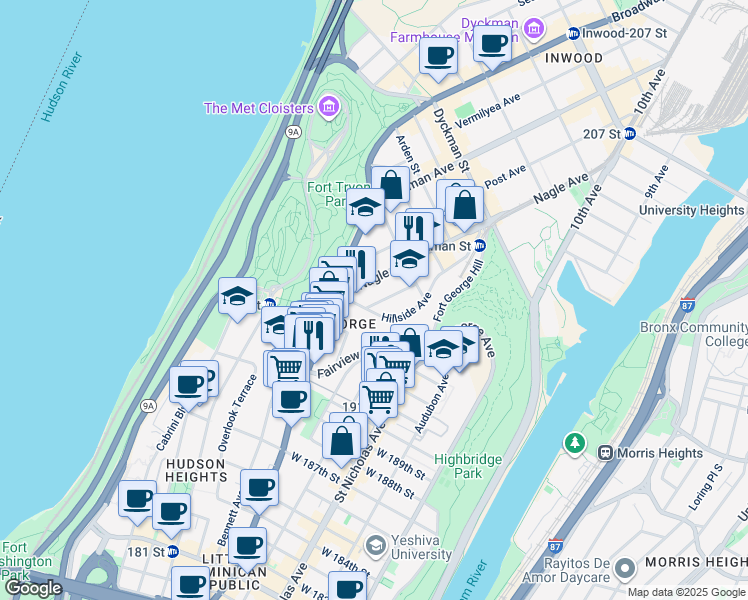 map of restaurants, bars, coffee shops, grocery stores, and more near 11 Hillside Avenue in New York