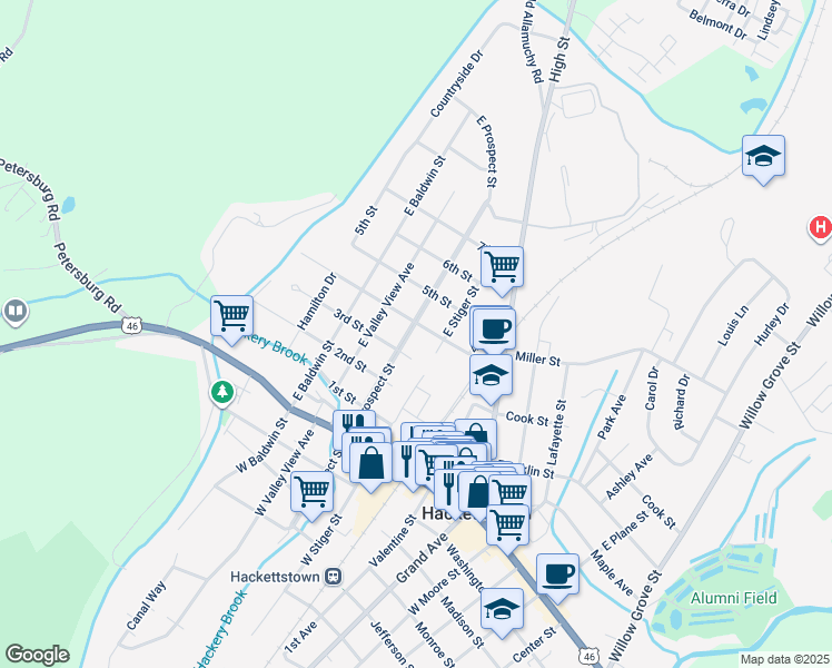 map of restaurants, bars, coffee shops, grocery stores, and more near 154 East Prospect Street in Hackettstown